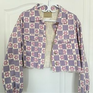 Floral Checkered Cropped Denim Jacket - Polly Pocket vibes